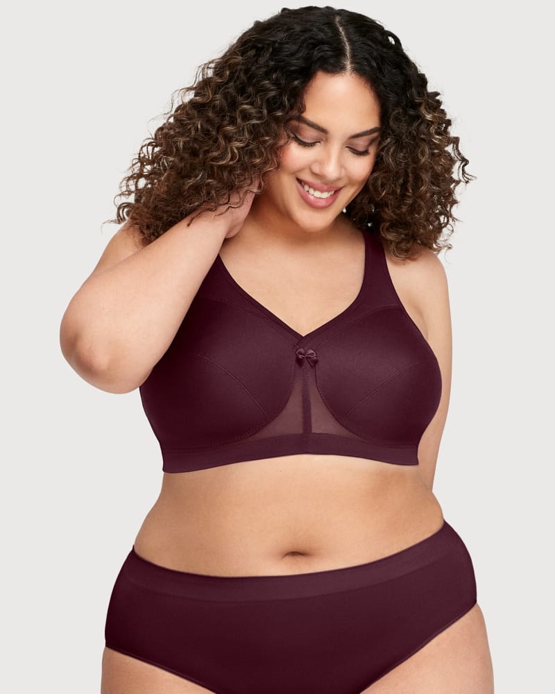 Front of a model wearing a size 40F MagicLift Active Support Bra in Wine by Glamorise. | dia_product_style_image_id:262781